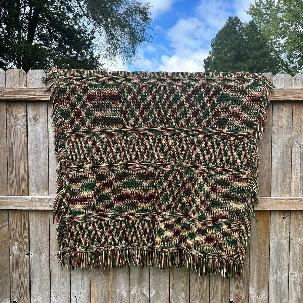 Vintage Handmade Blanket Knit Crochet Fall Brown Green Tan Fringe Cottagecore